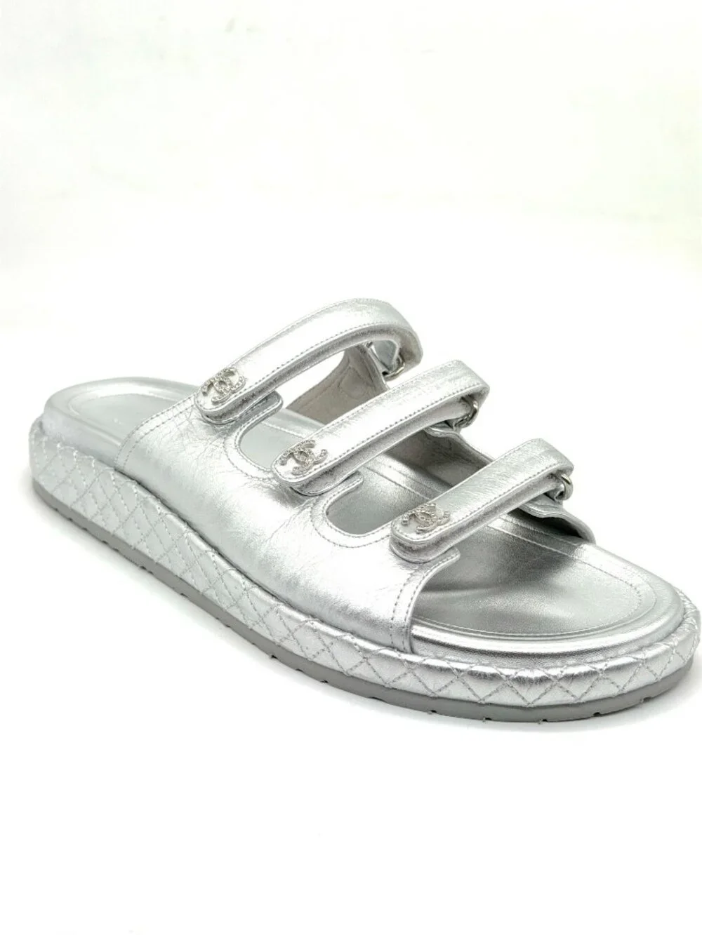 CHANEL 25C Laminated Leather Crystal CC Platform Flat Mules Slide Dad Sandals